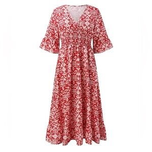JOYO Women's Red and White Print Maxi Dress V Neck Floral Dress Size XXL